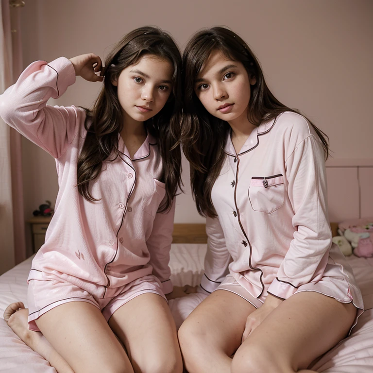Two girls wearing pink pajamas argue in their bedroom