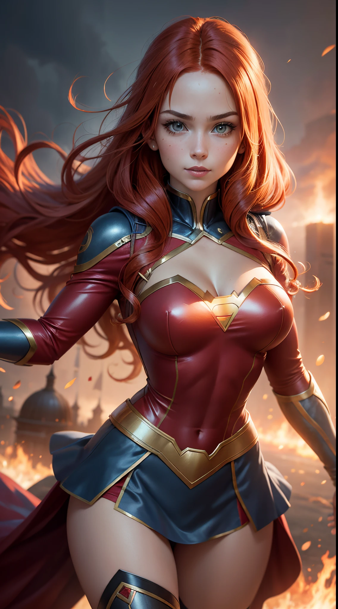 Red-haired beauty adorned in a Super Girl costume, striking a powerful and heroic pose. Illuminate the scene with dynamic cinematic lighting, emphasizing the vibrant hues of her hair and costume. Pay meticulous attention to facial details, capturing the determination in her expressive eyes and a confident smile. Utilize depth of field and gentle contrast techniques to enhance the realism of the composition. Describe the costume intricately, ensuring it reflects the iconic elements of Super Girl's attire. Craft a visually stunning image that blends the allure of a red-haired heroine with the fantasy theme.