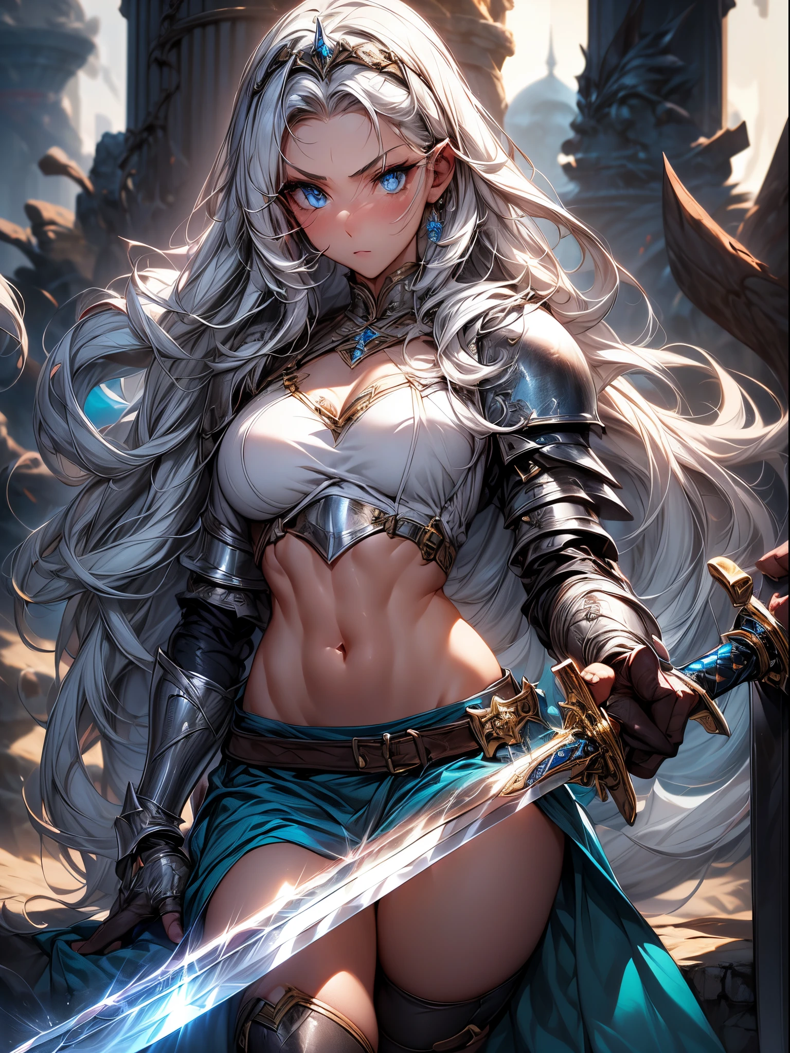 Absurdres ,1 girl,Serious,Silver hair,woman worrier ,Wolf ears,Blue eyes,Abs,muscular,Warrior Princess in Armor,
metallic armor with a breastplate,Leather skirt, leggings, and knee-high boots,(holding Large sword :1.4),
Crown,BREAK,best quality,insanely detailed,Hyper realistic, Perfect Anatomy,perfect 5 fingers,vibrant colors,amazing,super fine illustration