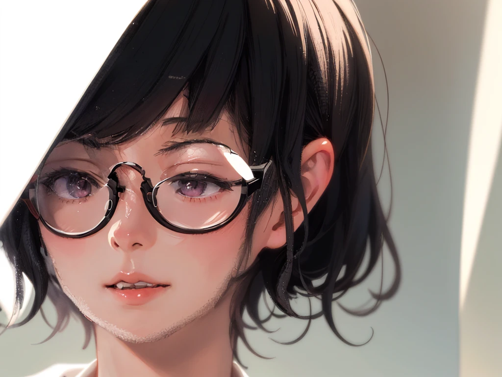 Erotic、Bedroom、Completely naked、slender、very beautiful and white skin　A girl 、Glasses、Black Hair、Sweat、Expressionless、Close-up of face　child　Small　Big eyes　Small breasts