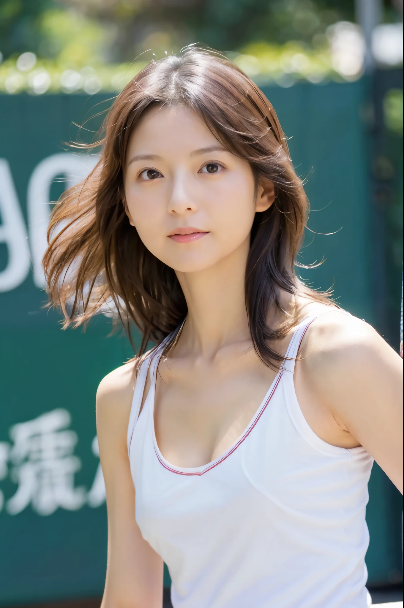 (High reality photograph, high resolusion, detailed face, detailed eyes) Skinny Japanese lady, 40 years old, wife, cute face, various face expression, solo:1, lovely body, skinny figure, small breasts, long wavy hair, emphasizing very thin waist, playing tennis, full-body photo