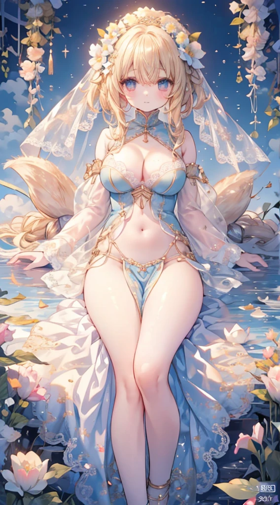 女の子1人、blue sky and sunlight、girl in the flower field、pale sparkling blonde hair、fluffy and soft long hair、Twin-tailed、Star Eyes、爆乳、Too large breasts、cleavage of the breast、Lace cape、Lace veil、Ashamed、pale yellow lace dress、Not wearing underwear、Navel Ejection、Enchanted thighs、Enchanted breasts、pretty princess