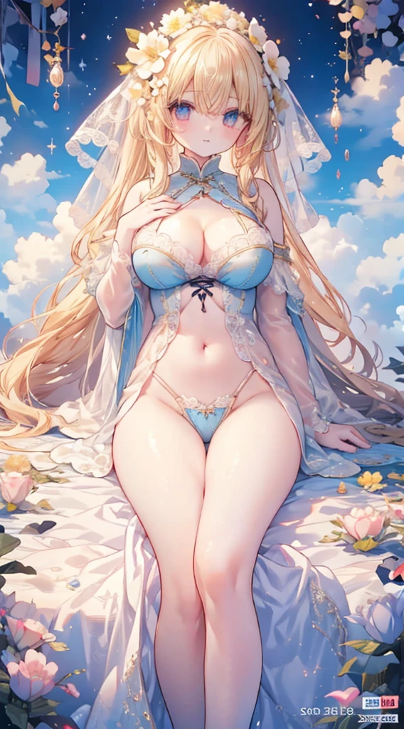 1人、blue sky and sunlight、girl in the flower field、pale sparkling blonde hair、fluffy and soft long hair、Twin-tailed、Star Eyes、爆乳、o large breasvage of st、Lace cape、Lac、Ashamed、pale yellow lace dress、Not wearing underwear、Navel Ejection、Enchanted thighs、Enchanted breasts、pretty princess