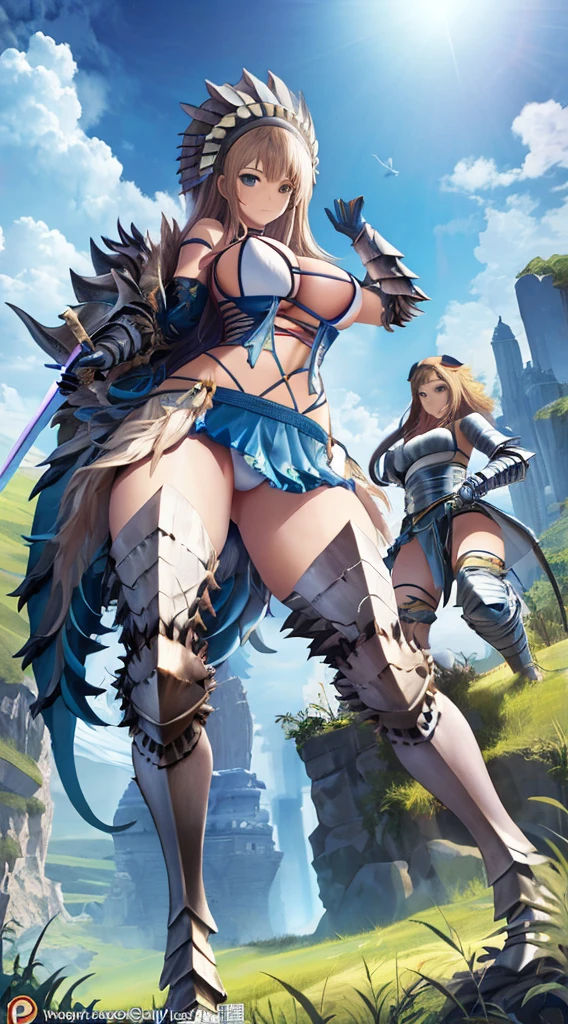 Anime girl wearing sword and armor is standing in the field, Monster Hunter, armor girl, Female knight,  high detailed official artwork, 2. 5 d cgi anime fantasy artwork, in monster hunter armor, mechanized valkyrie girl, Lioreus, SFW version, Trending on ArtStation pixiv, bikini-armor,Write,美丽的面容,