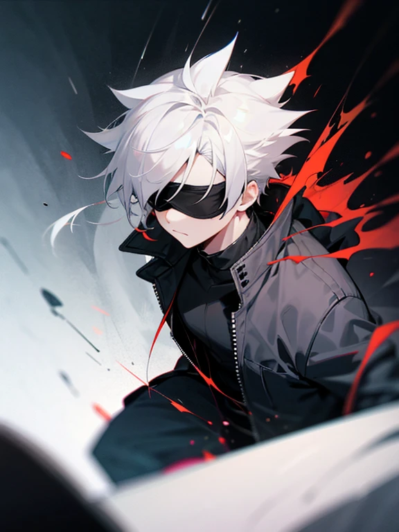 1boy, White_Hair, black_jacket, blindfold, Covered_eyes, depth_de_field, facing_Viewer, Gojo_Satoru, jacket, male_focus,spiked_Hair, trembling, higher_body,