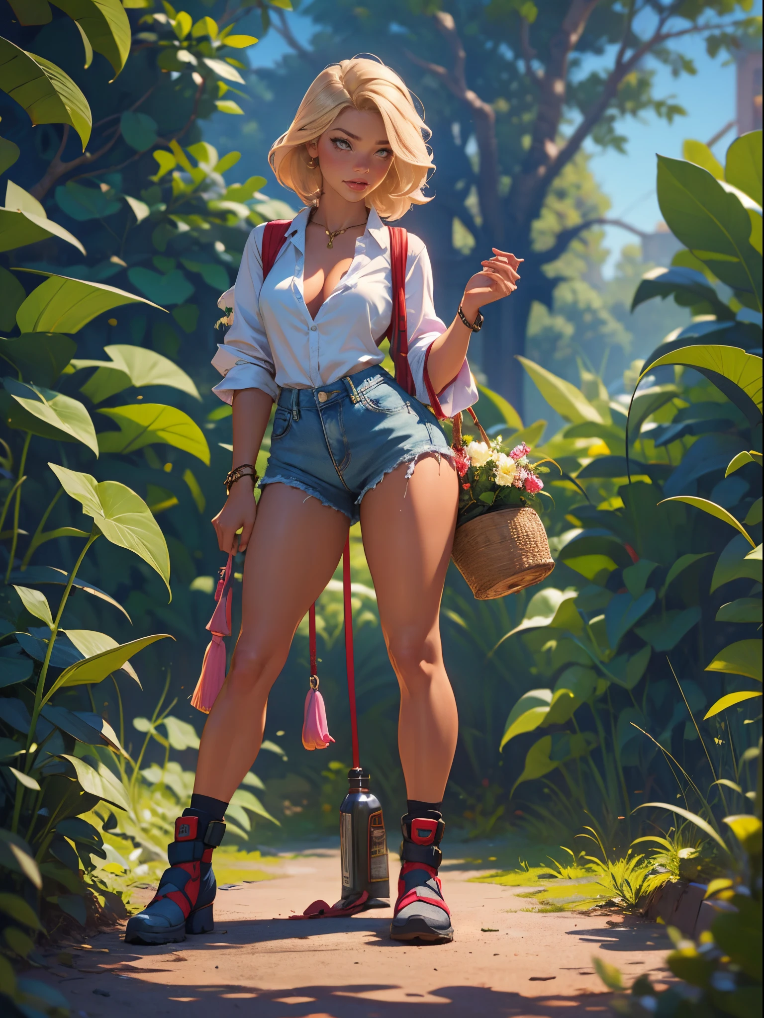 2076 year. The Ruins of the Wasteland, Female huntress picking fruit in the garden, beautiful face, blonde, badly torn shirt and denim shorts , long legs, sweating through, sun rising, Nice warm colors, head to toe, full body shot, pretty hands, perfect fingers,