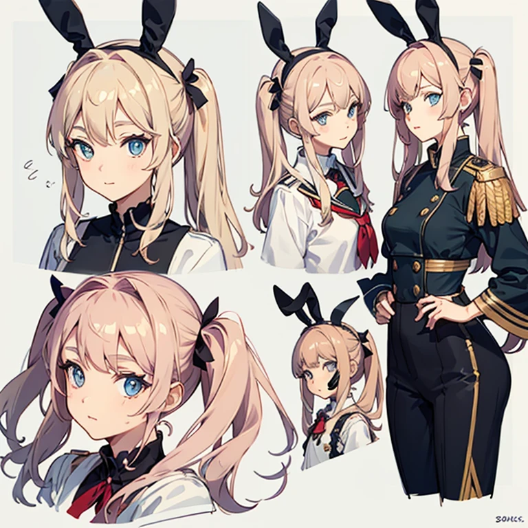 bunny ears,Squadron,Squadron clothing,80s fashion, popular colors,(Character design sheet,Face to face,Reverse,side face,same character),inticrate background ,pigtailase,Female offspring,thick eyebrows,skinny waist, a beautiful blonde,pigtails,(nmasterpiece),((HighestQuali)),(Super detailed),Girl-girl,(pretty eyes)),Clean and meticulous face,five fingers,Textile shades,The anatomy is perfect