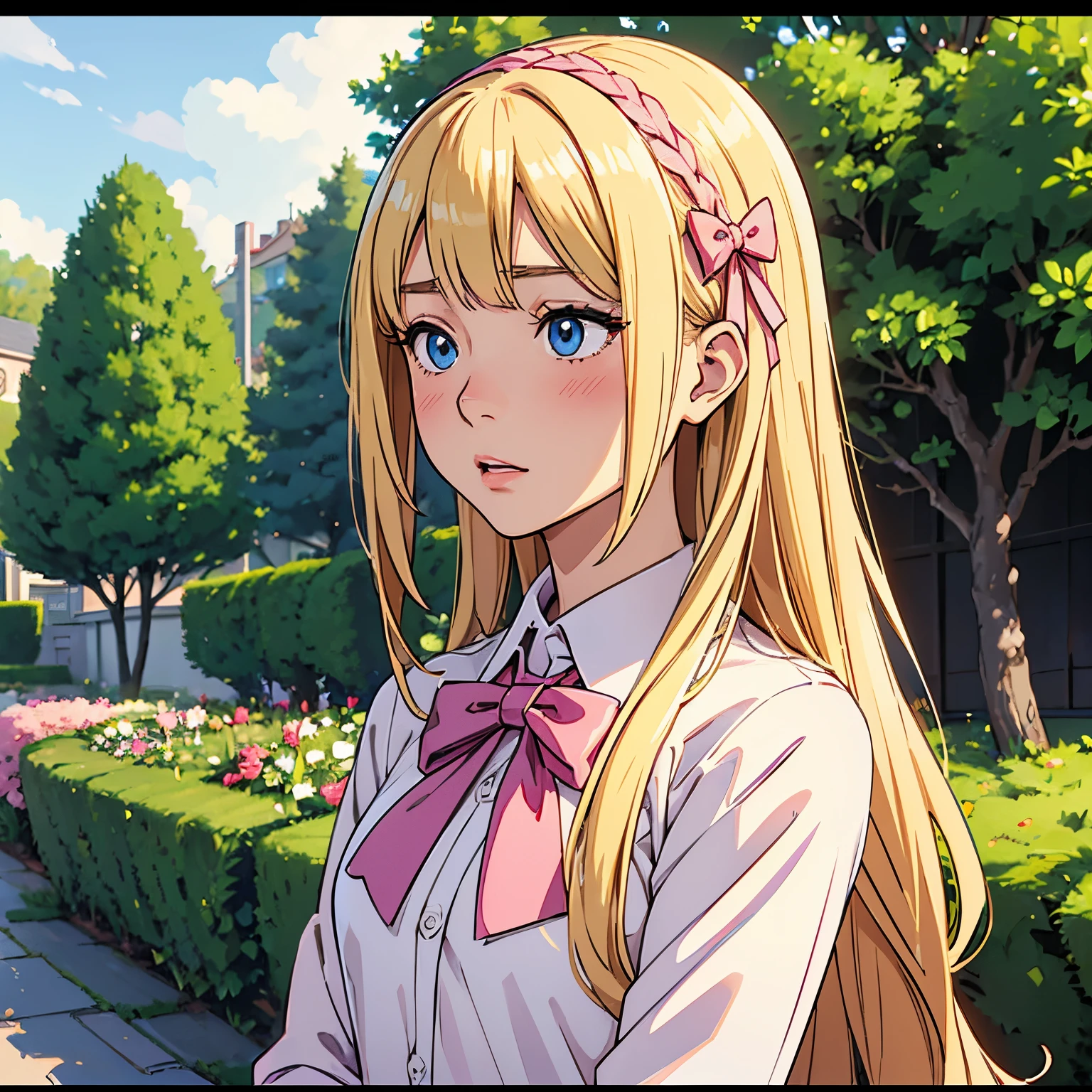 (Best Quality, Sharp anime eyes), elegant, feminine, detailed_background, garden , closeup, straight long hair,hair bow,pixelated,blush,luca (kuruton486),blonde hair bow,highres,1girl,letterboxed,solo,kuruton486,pink casual shirt,blue eyes,shirt,parted bangs