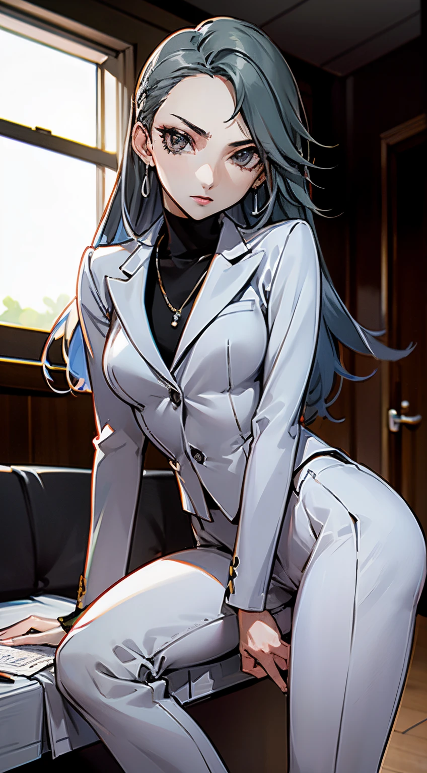 Sae, sitting on a chair, in office, brighter scene, wearing usual clothes, serious looks