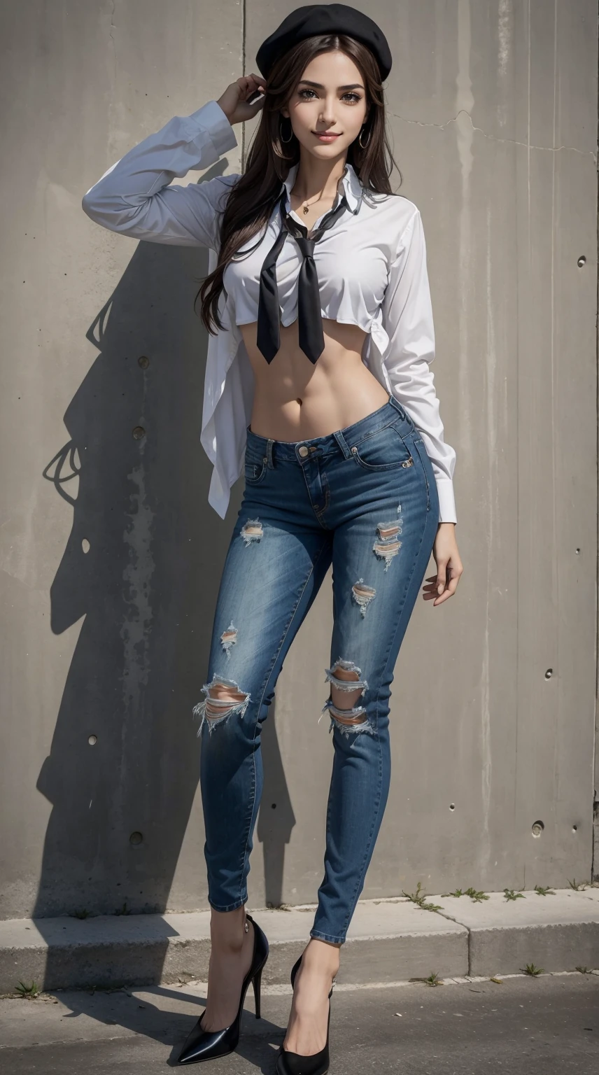 25 year old arab woman、Brown hair、black eyes、Semi-long、setting hair、Slender but well-proportioned muscular body、a smile、wearing a tie-front shirt、Abs are cracked、The navel is visible、Wearing pin heels、I'm wearing low-rise distressed skinny jeans.、a smile、Breasts are big、wearing a beret、I'm in front of an old concrete wall