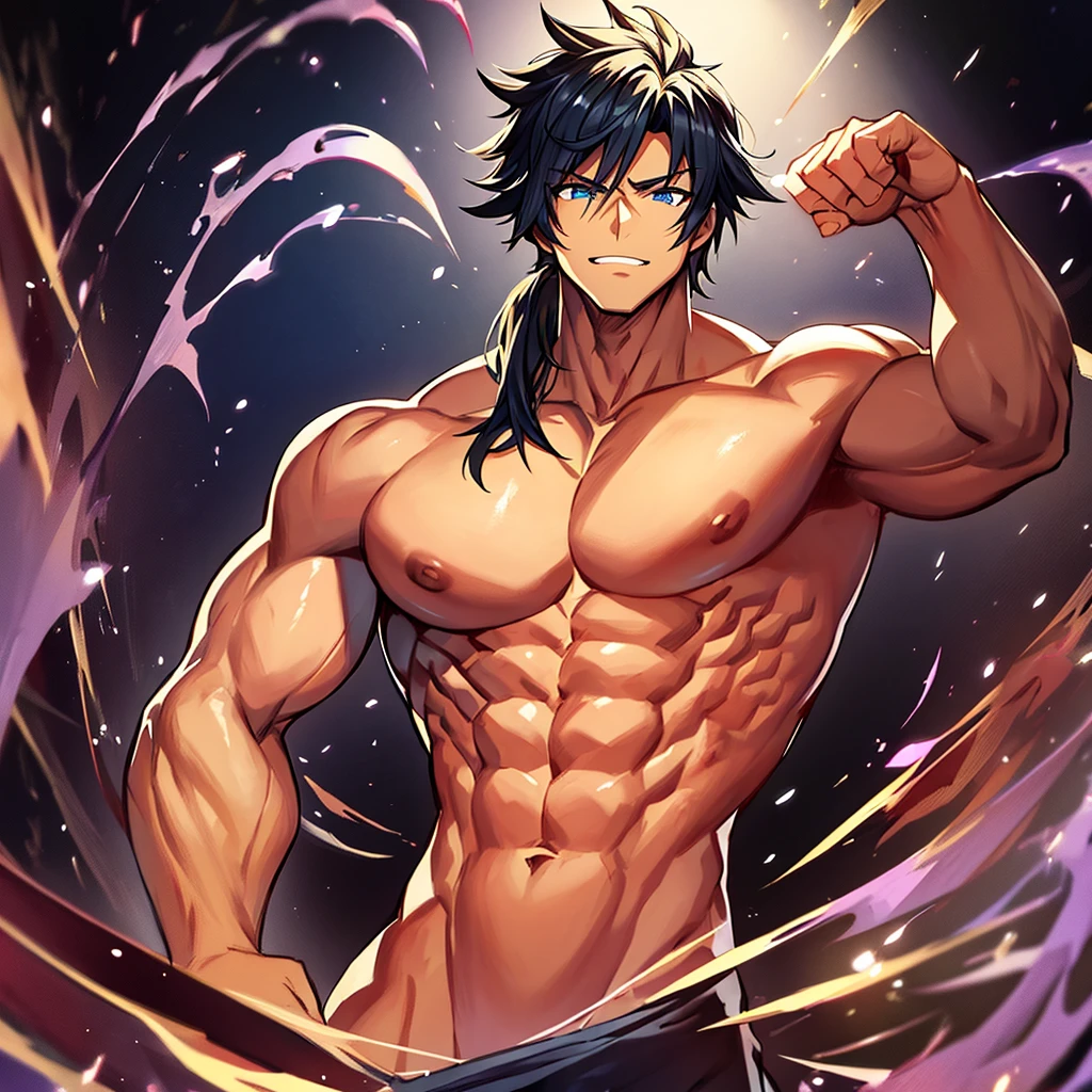 Muscular and sexy man flexing naked with dark skin looking at the camera 2D anime illustration