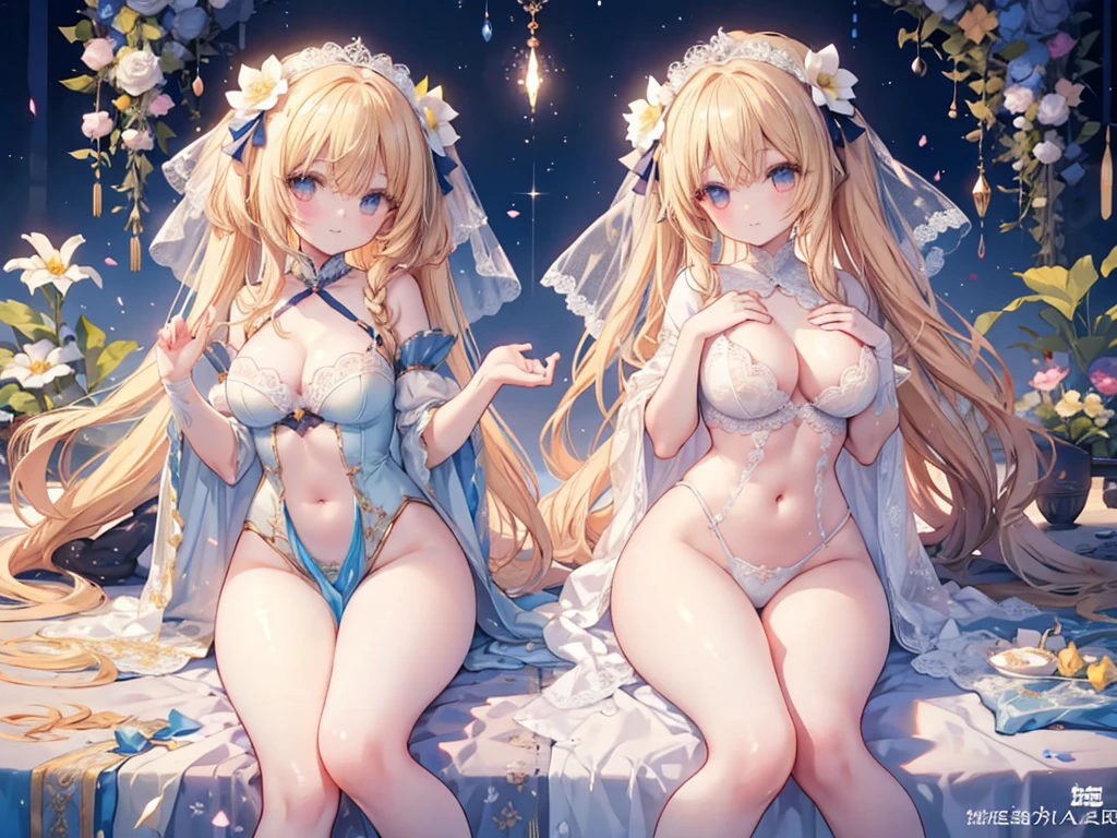 1人、Blue sky and sunshine、Girl in the flower garden、light shining blonde hair、Fluffy and soft long hair、Twin-tailed、star eyes、、Too large breasts、cleavage of the breast、lace cape、Lace veil、Ashamed、pale yellow lace cape、Not wearing underwear、Navel Ejection、Enchanted thighs、Enchanted breasts、Pretty Princess