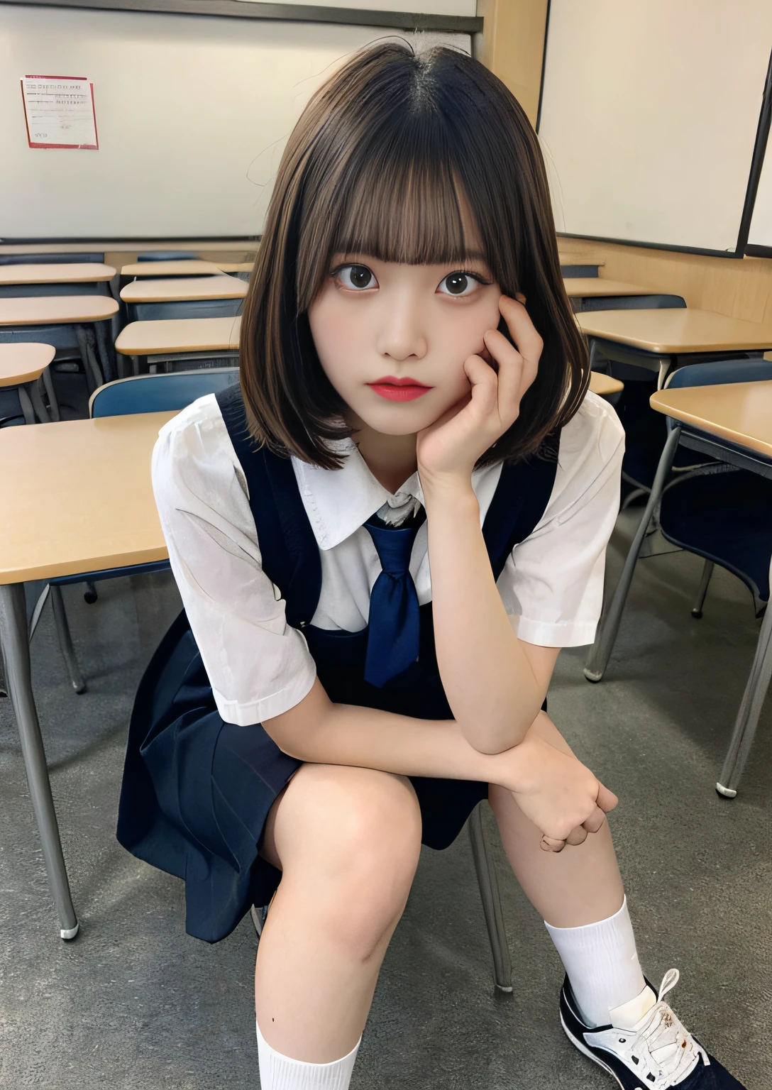 finely detail, hight resolution, hightquality、Bob Layer Cut、Perfect dynamic composition, Beautiful detailed eyes, Bob Layer Cut、Dark classroom、long legged、despise、Looking at the camera、Sitting on a chair、lowfers、shoe、Natural Color Lip, 20yr old、Transparent skin、School Uniforms、Glowing hair、resent、was furious、Irritated
