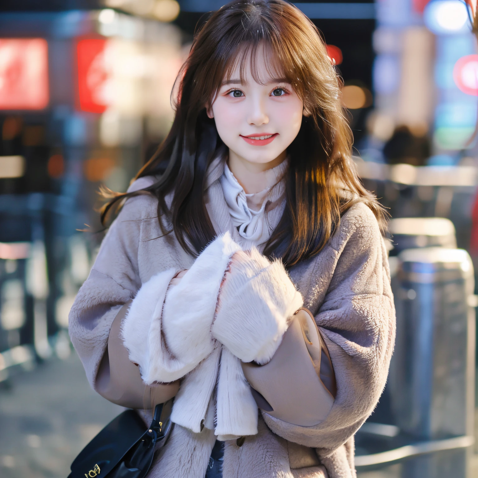 Photorealsitic, 8k full-length portraits, Beautuful Women, A charming expression, , TOKYOcty, Winters, Shibuya in the background