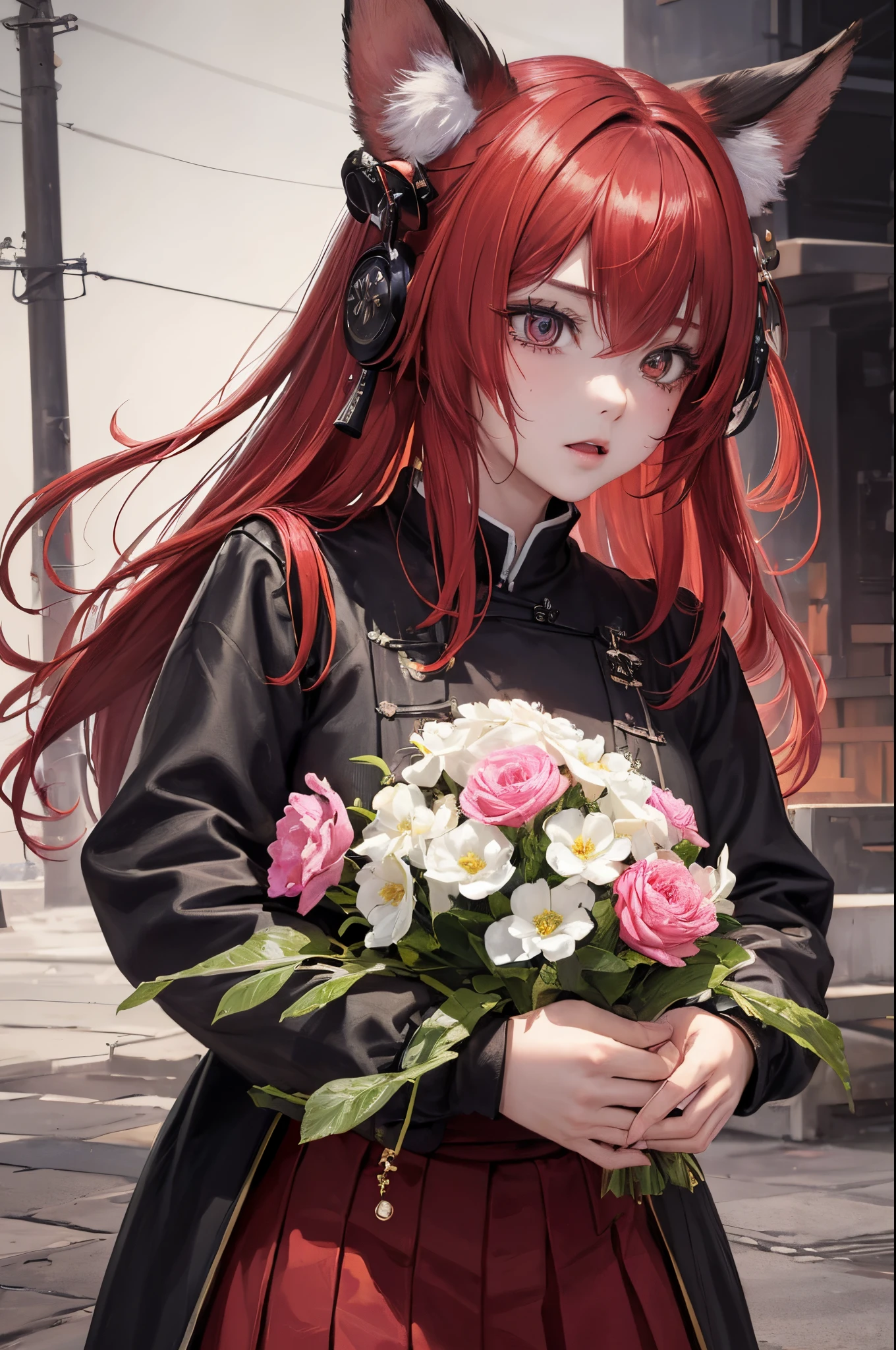 empty hand,( cry), a character portrait, fantasy art, (cyberpunk), a maiden with fox ears and fox tails, natural lighting, masterpiece, 1 beautiful girl, Detailed eye, Swollen eyes, top-quality, A high resolution, Asian beauty, very extremely beautiful, Beautiful skins, A slender, Forward-facing body, (A hyper-realistic), (high resolution), (4K), (highly detailed),( Best Illustration), (beautifully detailed eyes), (ultra-detailed), 详细的脸, Bright lighting, Professional Lighting, distance view, (lantern), ((samurai)),((long hair)),((cry)),((colorful hair)),((red color splash)),1girll, red twintails, Colorful hair, Flying, short skirt, pink bows,((16-year-old female model)), Psychopath horror, (Bloody) , Blood droplets, ( Stand Neck long sleeve black jacket)
