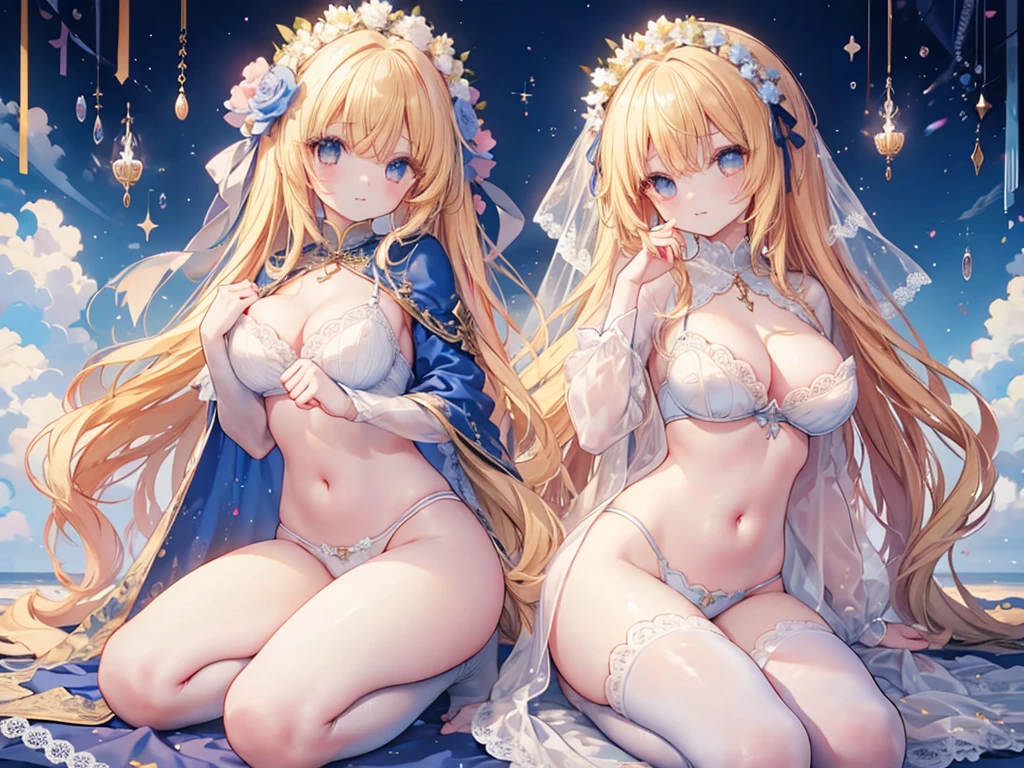 ***1人、Blue sky and sunshine、flower garden girl、bright and shiny blonde hair、Fluffy and soft long hair、Twin-tailed、star eyes、、Too large breasts、cleavage of the breast、lace cape、Lace veil、Ashamed、pale yellow lace cape、Not wearing underwear、Navel Ejection、Enchanted breasts、Pretty Princess、teats