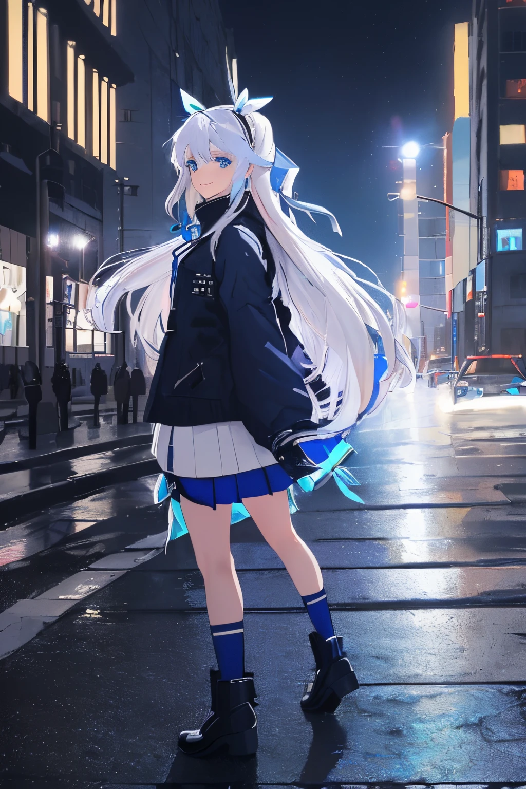 ((Masterpiece), (Best Quality)) (super detailed), ((((solo)))), fullbody, ((((white hair)))), long hair, ((((blue hairribbon)))), ((((blue eyes)))), smile, 18yo, mini skirt, sleeves_past_wrists, Night, colorful cyberpunk city background, winter, after rain, street, backlight, looking at the audience, low angle lens, looking up lens, 8k