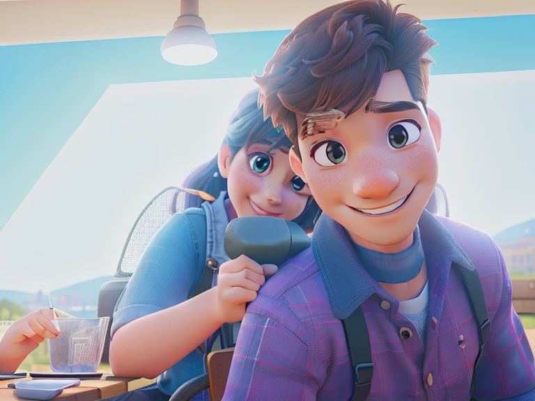 Man and woman sitting, smiling, a young couple, in a bright place, behind a lamppost, 
(best quality, 4k, 8k, highres, masterpiece:1.2), ultra-detailed, (realistic, photorealistic, photo-realistic:1.37),
illustration, vivid colors, portraits, natural lighting, warm tones.
