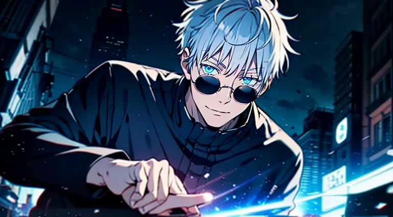 destroyed, 1guy, self, epic composition, city ​​street, Japan, deserted street, the night, flashing in the background, Red and blue color, (tmasterpiece, beste-Qualit: 1.2), male focus, 1boy, Gojo Satoru, round eyewear, Sunglasses, hands in pocket, blindfold, black jacket, (Masterpiece:1.3),(Best Quality:1.2),8K,absurdress,Unity 8K WallPapper,(Extremely detailed:1.3),supreme, hight resolution, Amazing, illustartion, Beautiful studio soft light, Stunningly beautiful, incredibly absurdres, Vivid details, Cinematic lighting, moody lighting, pixiv, Award-winning, Professional, Highly detailed, Gojo1, inform, looking a viewer, Smile, Short hair, 1boy, Standing, jacket, white colored hair, male focus,spiked hair, facing viewer, (red background:1.1), high collar, blindfold, (Magic:1.3), (aura:1.3),