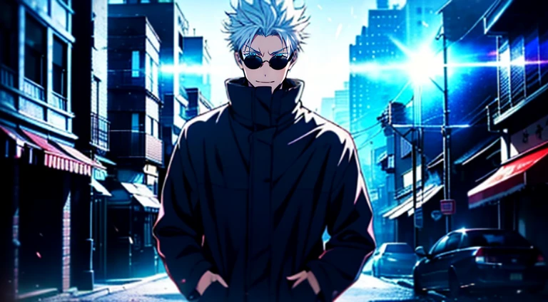 destroyed, 1guy, self, epic composition, city ​​street, Japan, deserted street, the night, flashing in the background, Red and blue color, (tmasterpiece, beste-Qualit: 1.2), male focus, 1boy, Gojo Satoru, round eyewear, Sunglasses, hands in pocket, blindfold, black jacket, (Masterpiece:1.3),(Best Quality:1.2),8K,absurdress,Unity 8K WallPapper,(Extremely detailed:1.3),supreme, hight resolution, Amazing, illustartion, Beautiful studio soft light, Stunningly beautiful, incredibly absurdres, Vivid details, Cinematic lighting, moody lighting, pixiv, Award-winning, Professional, Highly detailed, Gojo1, inform, looking a viewer, Smile, Short hair, 1boy, Standing, jacket, white colored hair, male focus,spiked hair, facing viewer, (red background:1.1), high collar, blindfold, (Magic:1.3), (aura:1.3),