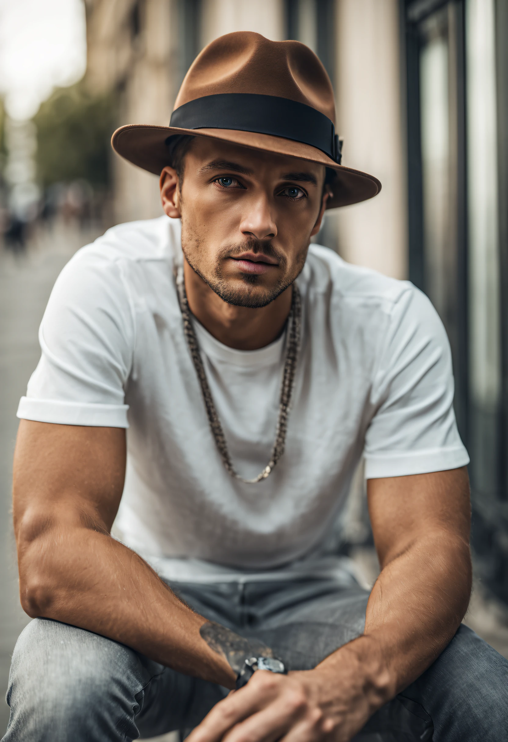 Mann, 30 Jahre, brauner wide brim fedora, cooler Typ, Hip Hop Style, Dreitagebart, braune Augen, European, Body and head straight in the photo, dem Betrachter des Fotos zugewandt, Augen, die an der Linse befestigt sind, , Mann zentriert auf dem Foto, 8K, best quality, Meisterwerk, realistisch, Realistisches Foto, Filmfoto, ultra realistisch, 1 Person, Detailliert, Perfekte Beleuchtung, DSRL, Professionelles Foto, 4K