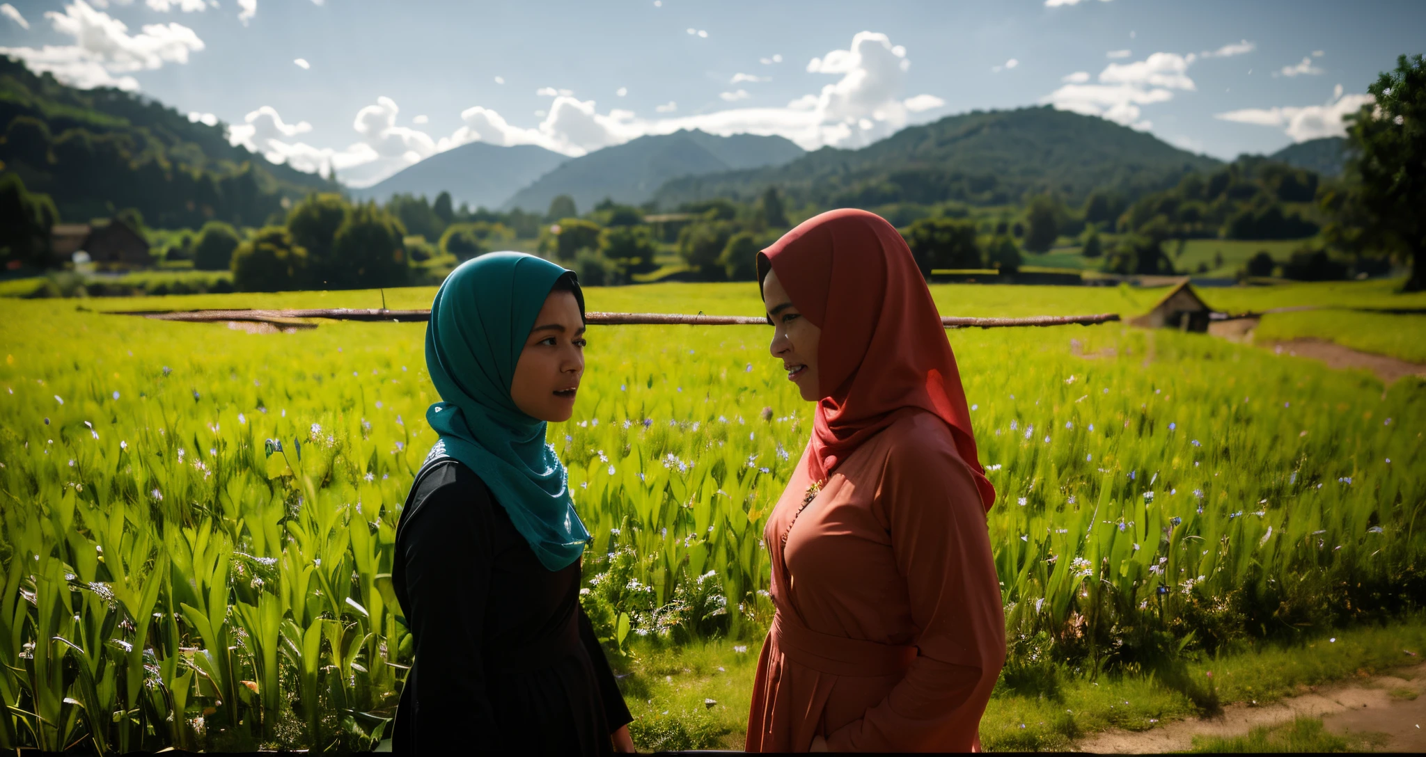 A film still of 2 malay woman with hijab and baju kurung having an argument in malay village, near paddy fields, shouting and cursing, angry at each other, angry expression, 35mm, wide shot, full body, cool-toned color grading, depth of field cinematography effect, Natural Lighting, high quality, ultra detail, 8k resolution, in the style of Amelie Poulain directed by Jean-Pierre Jeunet , high saturation, 28mm lens, Establishing shot, High Contrast cinematography effect, Natural Lighting, Desaturate color grading, high quality, ultra detail, 8k resolution,