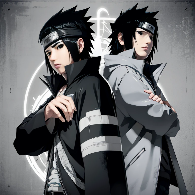 Make the image of Sasuke Uchiha how is it in the manga, image, in black and white and black jacket