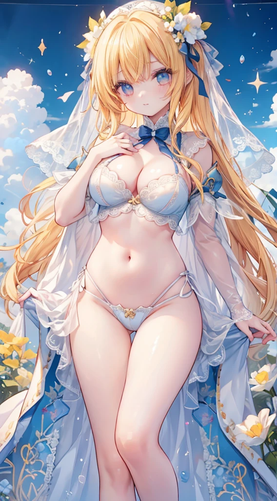 女の子1人、Blue sky and sunshine、girl in flower garden、Bright shiny blonde hair、Fluffy and soft long hair、Twin-tailed、star eyes、、Too large breasts、cleavage of the breast、lace cape、Lace veil、Ashamed、pale yellow lace cape、Not wearing underwear、Navel Ejection、Enchanted breasts、Pretty Princess、teats