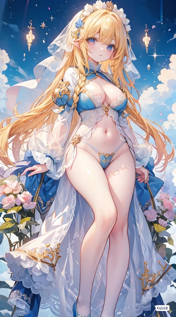 1人、Blue sky and sunshine、girl in flower garden、Bright shiny blonde hair、Fluffy and soft long hair、Twin-tailed、star eyes、、Too large breasts、cleavage of the breast、lace cape、Lace veil、Ashamed、pale yellow lace cape、Not wearing underwear、Navel Ejection、Enchanted breasts、Pretty Princess、teats