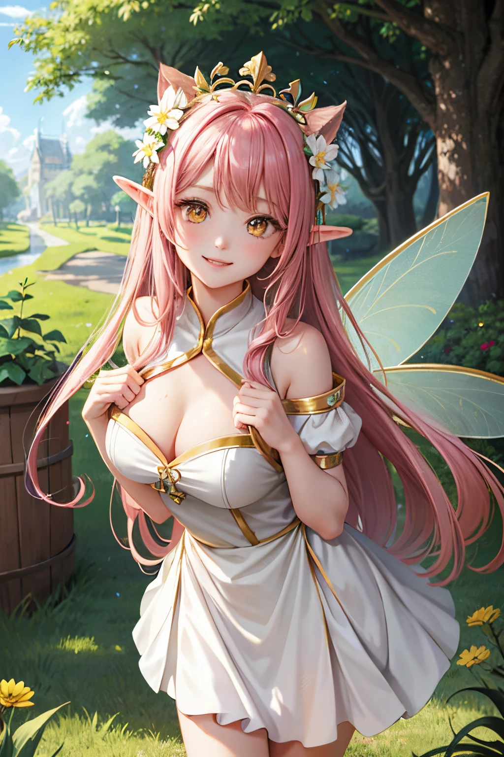 (Face Focus)、(1girl in、femele、独奏、pale-skinned、kawaii)、(long、Kurukuru Hair、The hair:dark pink hair、Yellow eyes、 Girl、cute  face、A smile)、large boob、Fairy Girl、fairy wings、小柄、Young look、pink frilled dress、Leprechaun、elf airy wing、golden tiathunia hair ornament、garden、fairy wings on the back、Have a big bin、large boob