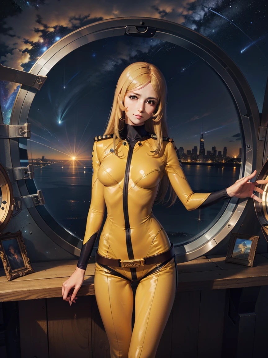 (masterpiece, best quality:1.2), (cowboy shot:1.1), solo, 1girl, mori yuki, slight smile, closed mouth, looking at viewer, blonde hair, thigh gap, yellow bodysuit, skin-tight, perfect body, belt, large window, (starship porthole:1.3), from front, (spread legs:1.3), (standing:1.1), thigh gap, perfect hands, bright starship interior, (outer space view:1.1), (orbital view:1.3), (night, stary sky:1.5), milky way