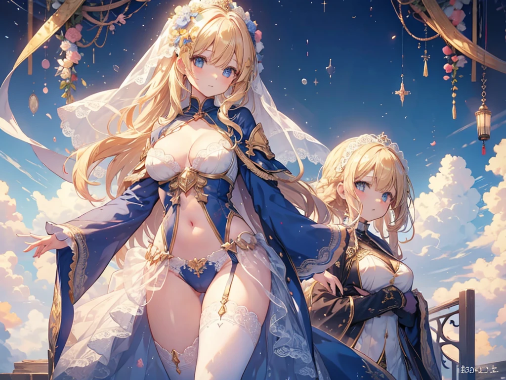 女の子1人、Blue sky and sunshine、girl in flower garden、Bright shiny blonde hair、Fluffy and soft long hair、Twin-tailed、star eyes、、Too large breasts、cleavage of the breast、lace cape、Lace veil、Ashamed、pale yellow lace cape、Not wearing underwear、Navel Ejection、Enchanted breasts、Pretty Princess、teats