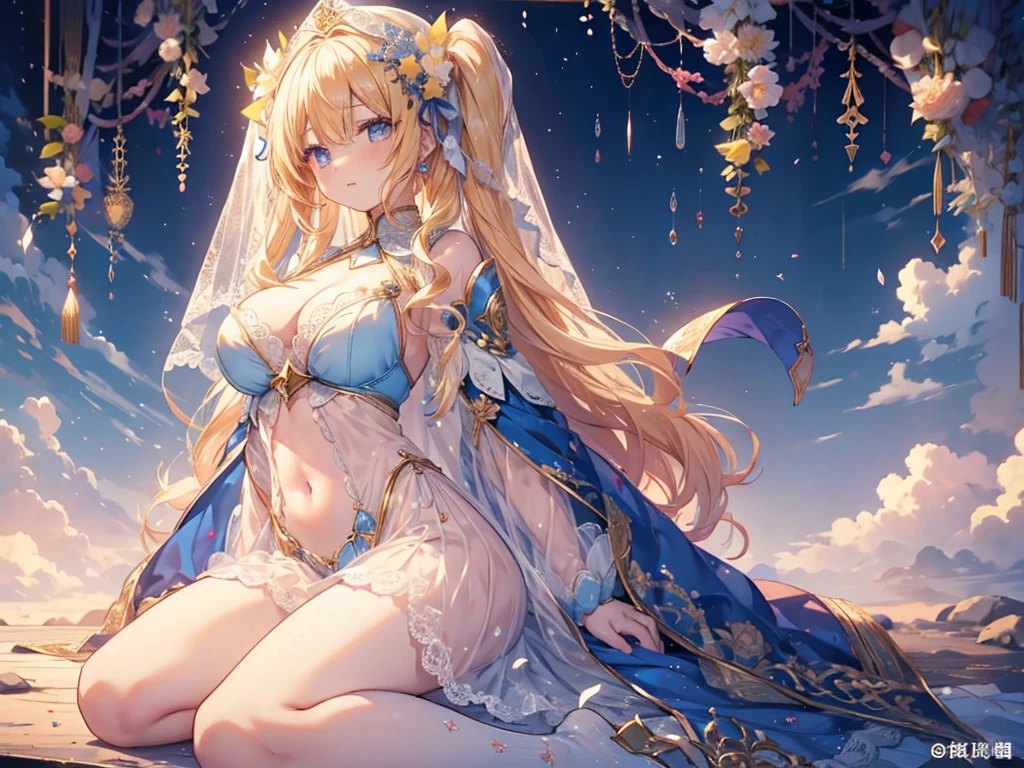 1人、Blue sky and sunshine、girl in flower garden、Bright shiny blonde hair、Fluffy and soft long hair、Twin-tailed、star eyes、、Too large breasts、cleavage of the breast、lace cape、Lace veil、Ashamed、pale yellow lace cape、Not wearing underwear、Navel Ejection、Enchanted breasts、Pretty Princess、teats