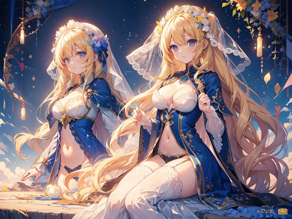 1人、Blue sky and sunshine、girl in flower garden、Bright shiny blonde hair、Fluffy and soft long hair、Twin-tailed、star eyes、、Too large breasts、cleavage of the breast、lace cape、Lace veil、Ashamed、pale yellow lace cape、Not wearing underwear、Navel Ejection、Enchanted breasts、Pretty Princess、teats