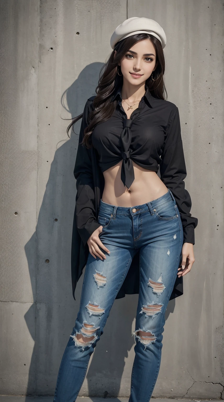 25 year old arab woman、Brown hair、black eyes、Semi-long、setting hair、Slender but well-proportioned muscular body、a smile、wearing a tie-front shirt、Abs are cracked、The navel is visible、Wearing pin heels、I'm wearing low-rise distressed skinny jeans.、a smile、Breasts are big、wearing a beret、I'm in front of an old concrete wall