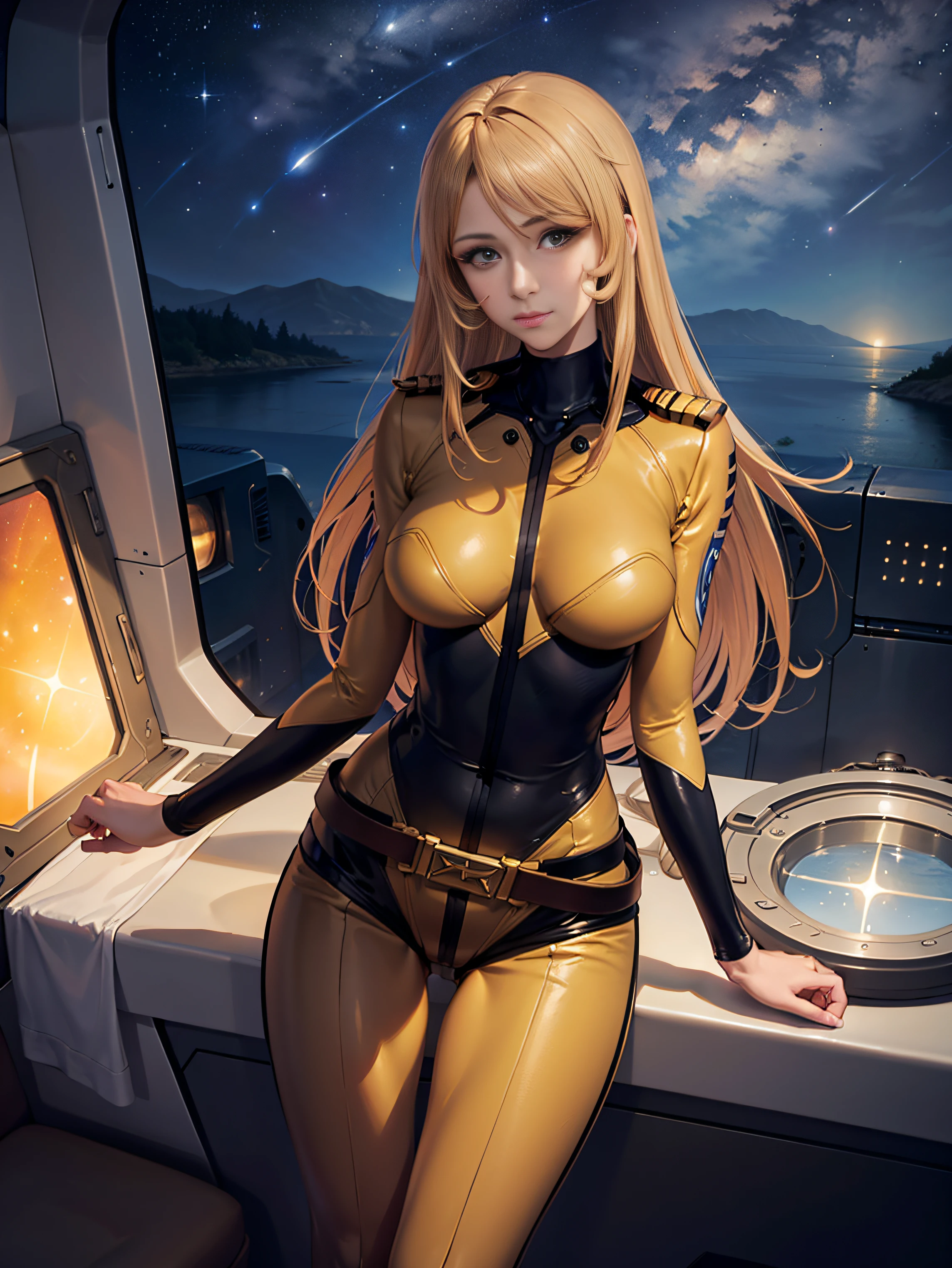 (masterpiece, best quality:1.2), (cowboy shot:1.1), solo, 1girl, mori yuki, slight smile, closed mouth, looking at viewer, blonde hair, thigh gap, yellow bodysuit, skin-tight, perfect body, belt, large window, (starship porthole:1.3), from front, (spread legs:1.3), (standing:1.1), thigh gap, perfect hands, bright starship interior, (outer space view:1.1), (orbital view:1.3), (night, stary sky:1.5), milky way