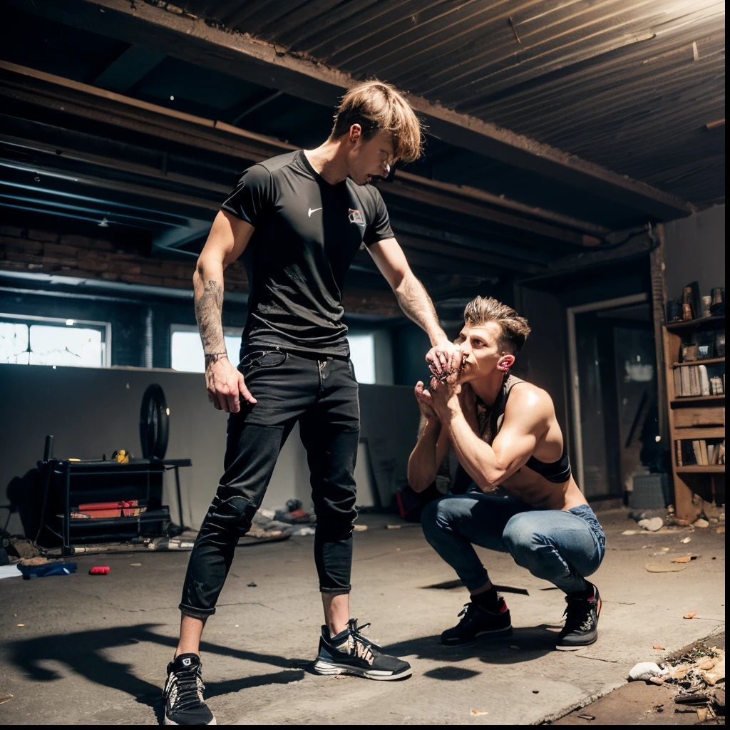 A very tall very fit German athlete in black tracksuit fighting a very short twink terrified man in jeans kneeled before him, at abandoned basement