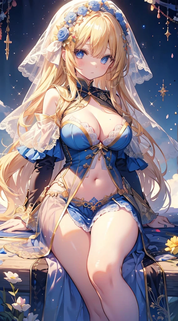 1人、Blue sky and sunshine、girl in flower field、Bright shiny blonde hair、Fluffy and soft long hair、Twin-tailed、star eyes、、Too large breeavage oeast、lace cape、Lil、Ashamed、pale yellow lace cape、Not wearing underwear、Navel Ejection、Enchanted breasts、Pretty Princess、