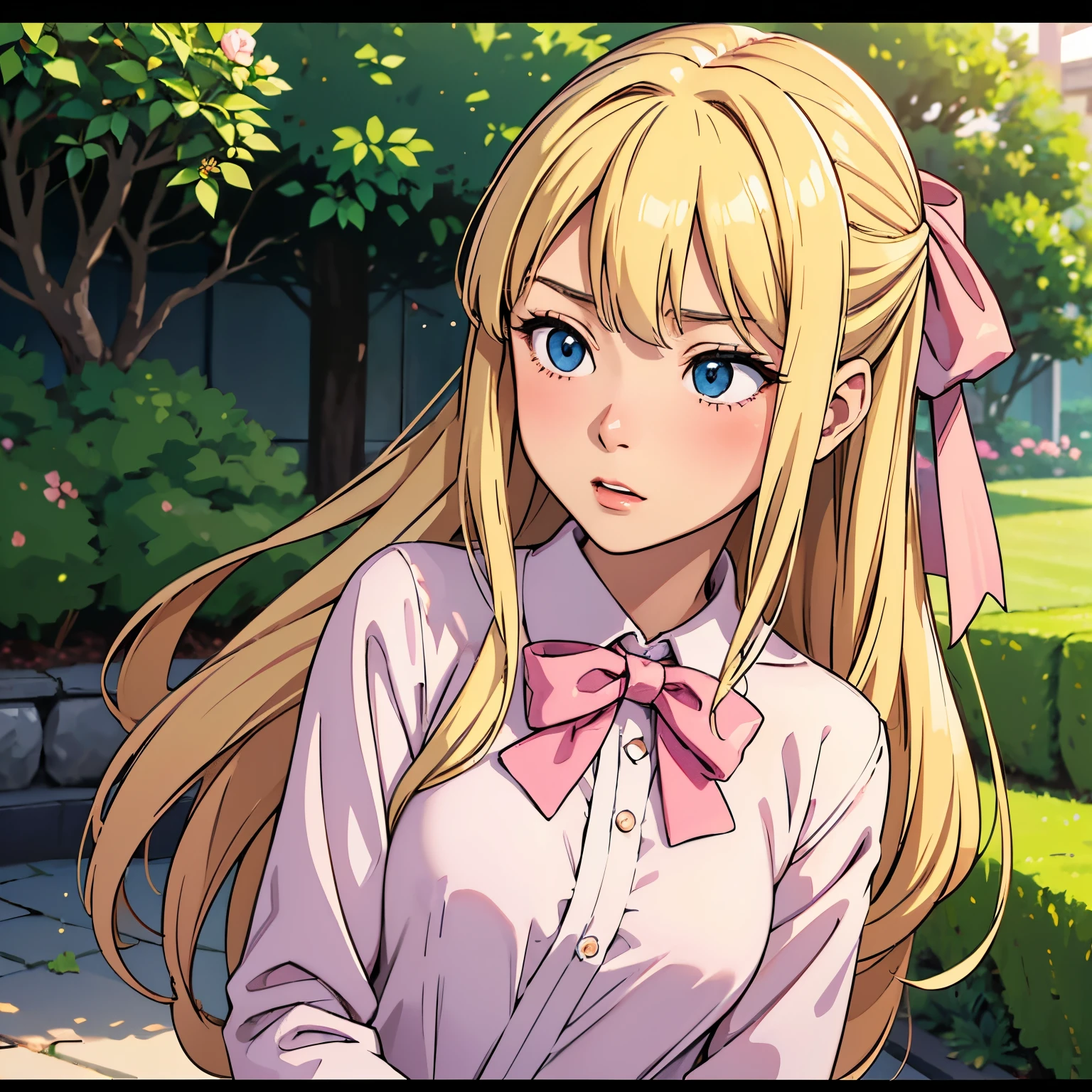(Best Quality, Sharp anime eyes), elegant, feminine, detailed_background, garden , closeup, straight long hair,hair bow,pixelated,blush,luca (kuruton486),blonde hair bow,highres,1girl,letterboxed,solo,kuruton486,pink casual shirt,blue eyes,shirt,parted bangs