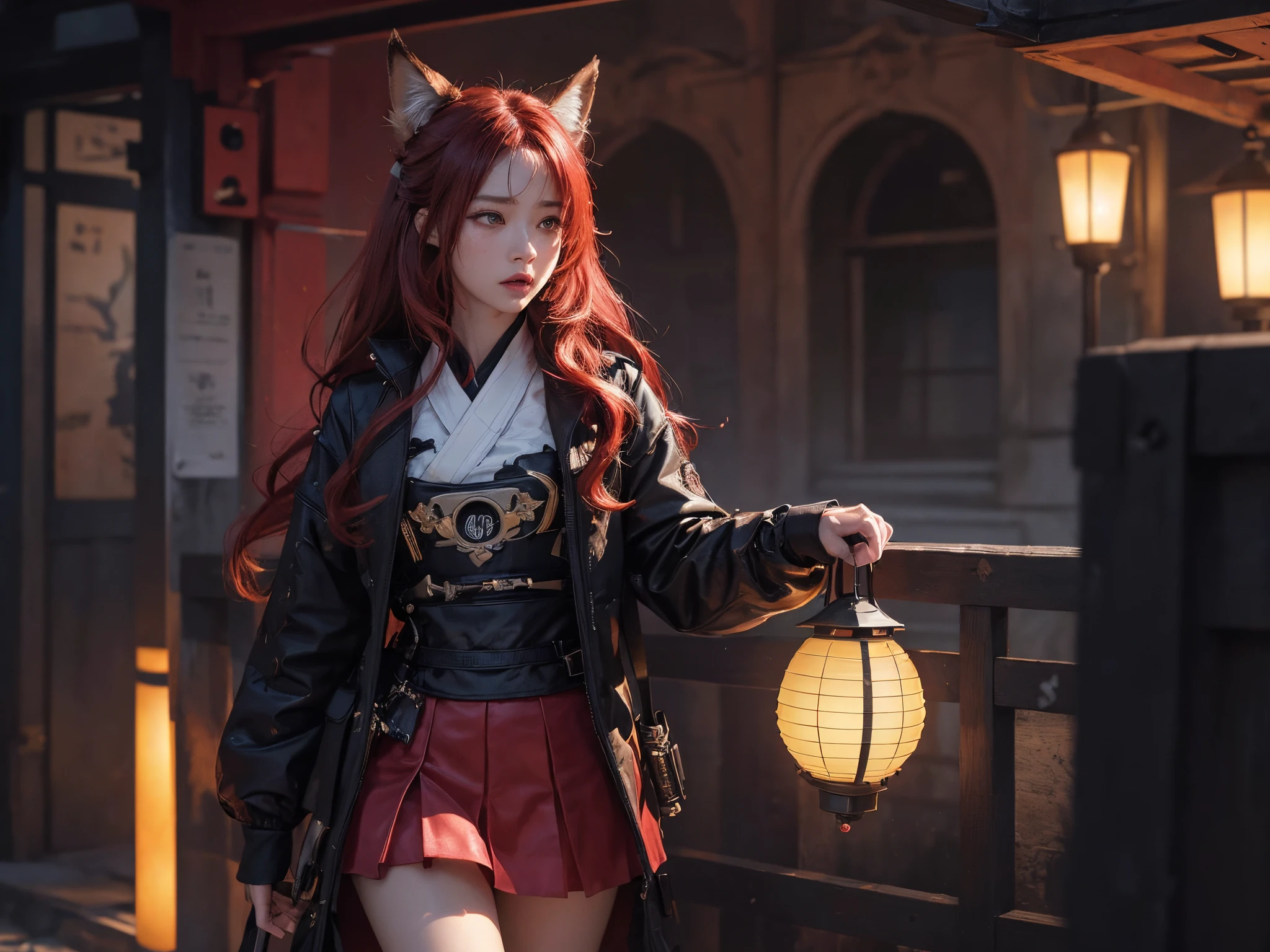 empty hand,( cry), a character portrait, fantasy art, (cyberpunk), a maiden with fox ears and fox tails, natural lighting, masterpiece, 1 beautiful girl, Detailed eye, Swollen eyes, top-quality, A high resolution, Asian beauty, very extremely beautiful, Beautiful skins, A slender, Forward-facing body, (A hyper-realistic), (high resolution), (4K), (highly detailed),( Best Illustration), (beautifully detailed eyes), (ultra-detailed), 详细的脸, Bright lighting, Professional Lighting, distance view, (lantern), ((samurai)),((long hair)),((cry)),((colorful hair)),((red color splash)),1girll, red twintails, Colorful hair, Flying, short skirt, pink bows,((16-year-old female model)), Psychopath horror, (Bloody) , Blood droplets, ( Stand Neck long sleeve black jacket)