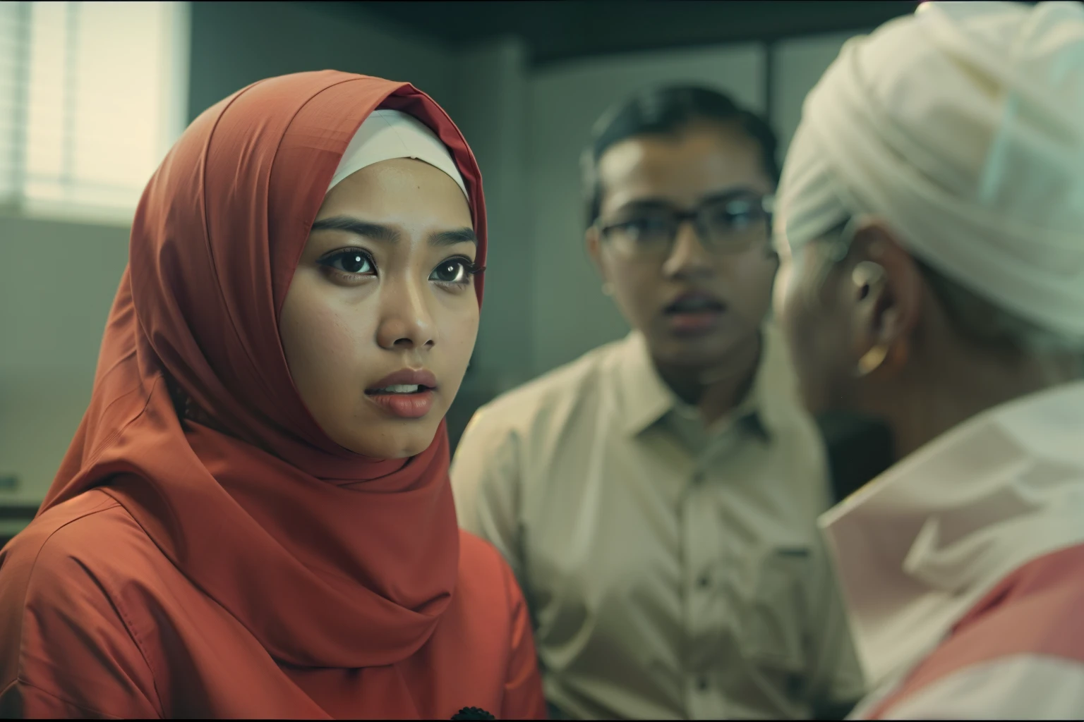 A malay girl in hijab and red pastel office suits in abandoned office, arguing with an office Malay man, Super 8mm lense, Extreme close-up, High Contrast cinematography effect, Natural Lighting, Desaturate color grading, high quality, ultra detail, 8k resolution,