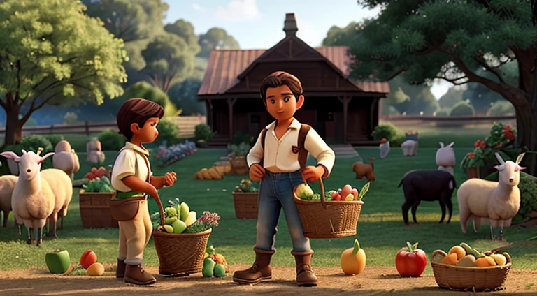 Illustrious Cain working in the plantation with a basket of fruits and vegetables, while Abel lovingly cares for the lambs, conveying the family's peaceful and harmonious routine.