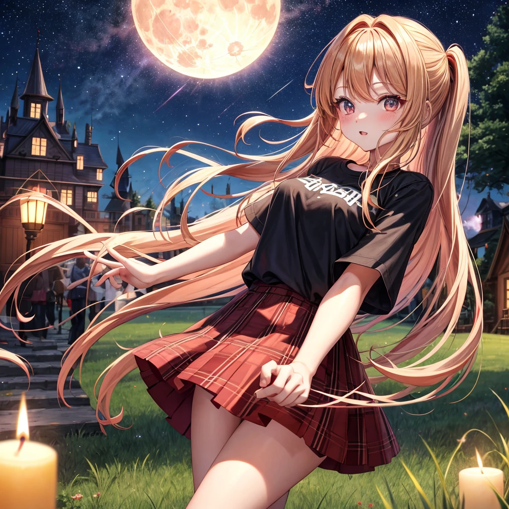 Red-blonde、poneyTail、verd s eyes、one good looking girl、独奏、animesque、lightly dressed、Plaid miniskirt、a black T-shirt、grass field、fullmoon、candle fire、Meteor swarm、starrysky、are flying、golden castle