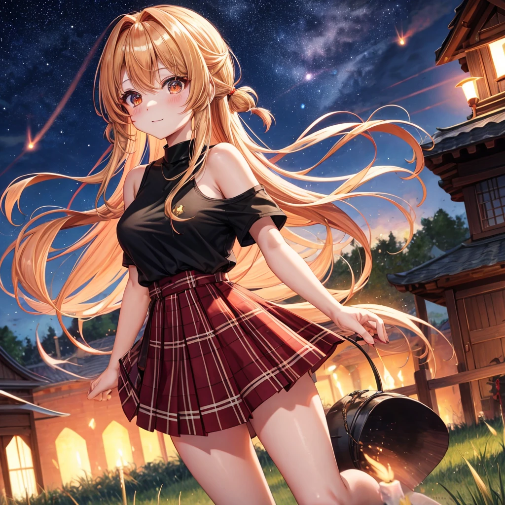 Red-blonde、poneyTail、verd s eyes、one good looking girl、独奏、animesque、lightly dressed、Plaid miniskirt、a black T-shirt、grass field、fullmoon、candle fire、Meteor swarm、starrysky、are flying、golden castle