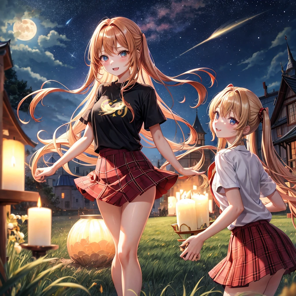 Red-blonde、poneyTail、verd s eyes、one good looking girl、独奏、animesque、lightly dressed、Plaid miniskirt、a black T-shirt、grass field、fullmoon、candle fire、Meteor swarm、starrysky、are flying、golden castle