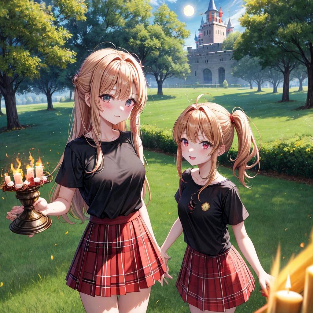 Red-blonde、poneyTail、verd s eyes、one good looking girl、独奏、animesque、lightly dressed、Plaid miniskirt、a black T-shirt、grass field、fullmoon、candle fire、Meteor swarm、starrysky、are flying、golden castle