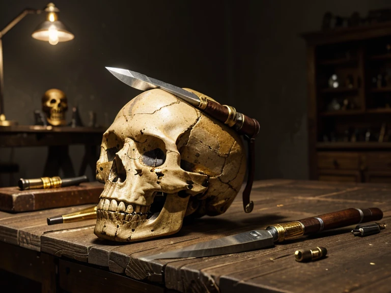 create a human skull on top of an old table. A knife with a gold handle must be housed in the upper part of this skull and around it there must be objects such as knives, armas de fogo, bullets and ballistic cartridges.