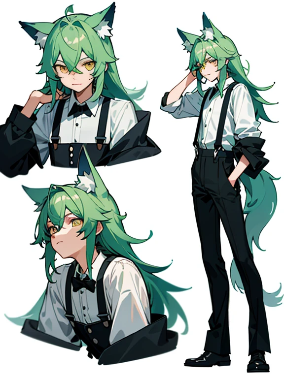 (tmasterpiece:1.2),(beste-Qualit:1.2), white shirt, Black skinny suspenders,light green hair, Mullet head, Yellow eyes, wolf ears,wolf tail, Without expressiveness,Orthofacial,the pose,I look at the viewer with my eyes closed,detailed skin,reference sheet,K HD,tmasterpiece,superdetail, (beste-Qualit, hight resolution),Ultra high pixel,Ultra-clear,12),CGMokadon Pop ----Niji 5