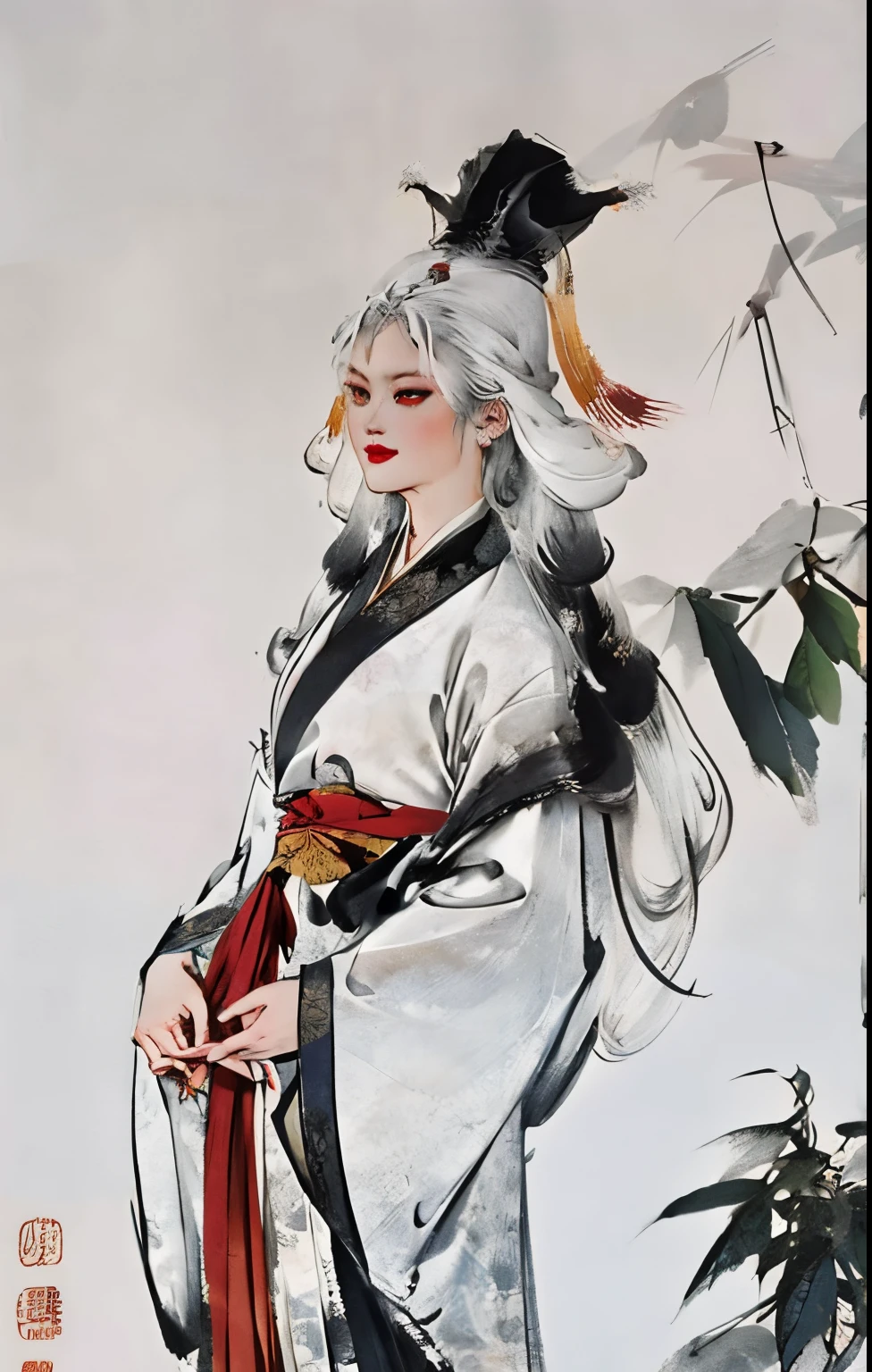 Best quality at best, k hd,Blank background, Ink wind,teens girl,being thin,slenderness,girl,long  white hair, White hair,Coiled hair,Complex hairstyles,red eyes,Chinese ancient costume floor-length skirt, Hanfu,Red nevus in the eyebrows, Plush hair accessories, White rabbit ears,ancient wind,vertical painting of people,Overall,China-style,Chang'e,bodhisattva,cunning performance,Red element,