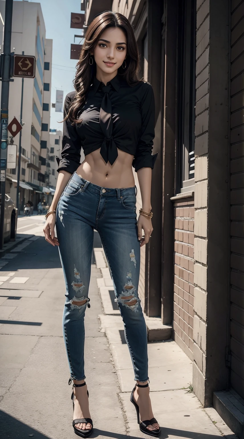 25 year old arab woman、Brown hair、black eyes、Semi-long、setting hair、Slender but well-proportioned muscular body、a smile、wearing a tie-front shirt、Abs are cracked、The navel is visible、Wearing pin heels、I'm wearing low-rise distressed skinny jeans.、a smile、Breasts are big、I'm in front of the flower shop